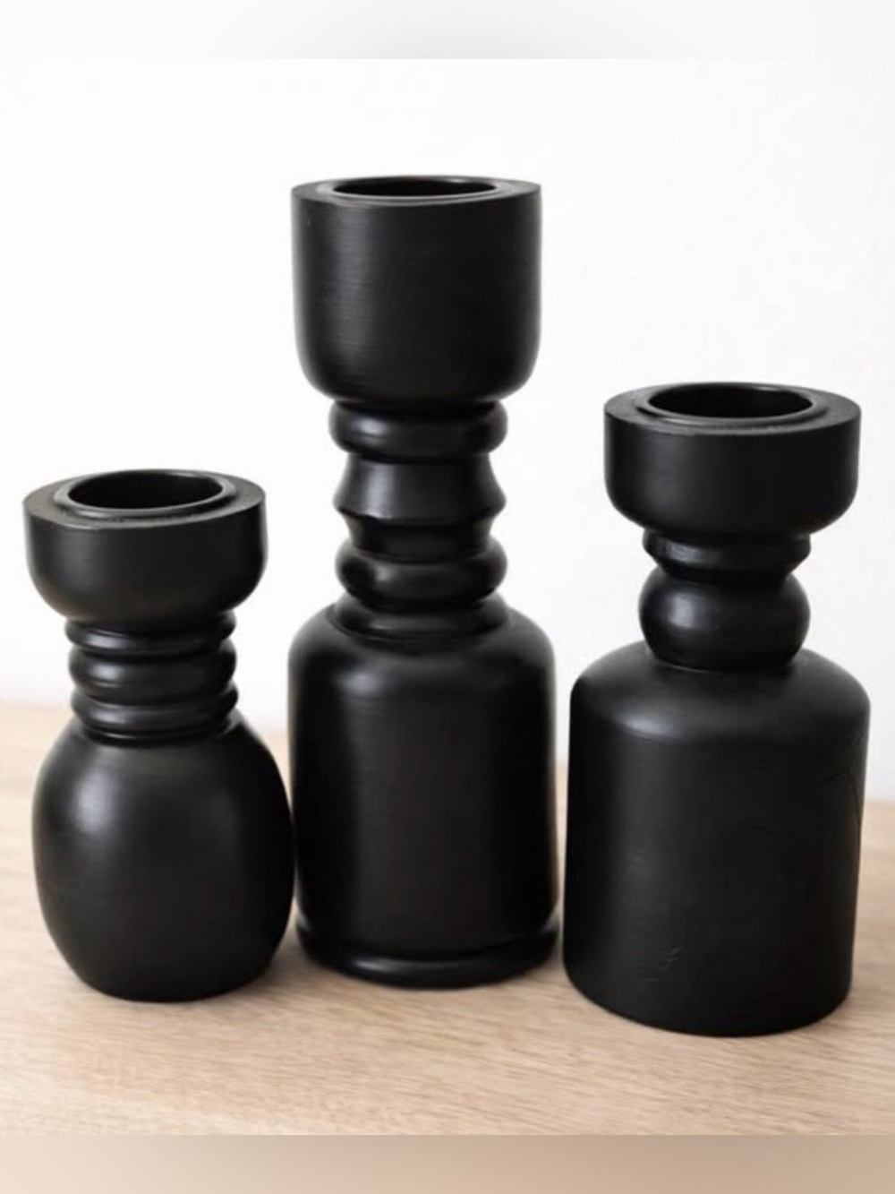 Black Wooden Modern Sculptural Candle Holders - Set of 3